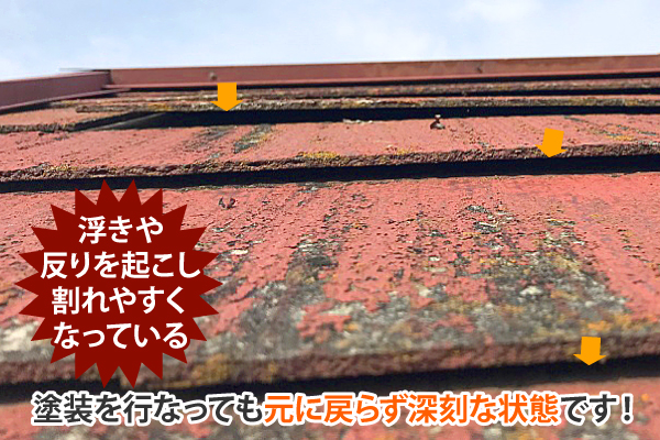 浮きや反りを起こし割れやすくなっているスレートは、塗装を行なっても元に戻らず深刻な状態です！